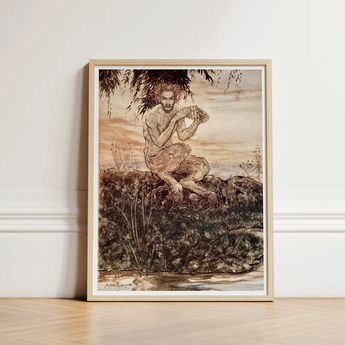 Framed Artwork Muscular Bearded Man Long Hair Rocks Dawn Locks Eyes, Arthur Rackham Art, Print, Rackham’s, Pan Crouches, Moss-covered Rock