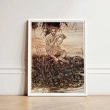 Framed Artwork Muscular Bearded Man Long Hair Rocks Dawn Locks Eyes, Arthur Rackham Art, Print, Rackham’s, Pan Crouches, Moss-covered Rock