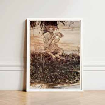 Framed Artwork Muscular Bearded Man Long Hair Rocks Dawn Locks Eyes, Arthur Rackham Art, Print, Rackham’s, Pan Crouches, Moss-covered Rock