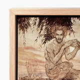 Rustic Wooden-framed Artwork Detailed Charcoal Sketch Bearded Man Dawn Locks Eyes, Arthur Rackham Art, Print, Rackham’s, Pan Crouches,