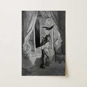 The Raven - Gustave Dore Art Print / Canvas Black-and-white Illustrated Figure Period Attire Open Window, Doré’s Engraving Prints