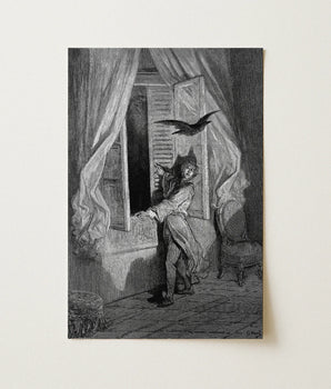 Black-and-white Illustrated Print Figure Period Attire Open Window Gustave Dore Art, Doré’s Engraving
