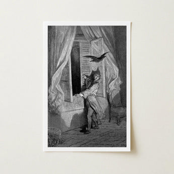 The Raven - Gustave Dore Art Print / Canvas Black-and-white Engraved Illustration Man Period Attire Open, Doré’s Engraving Prints