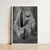 The Raven - Gustave Dore Art Print / Canvas Black-and-white Framed Artwork Dramatic Scene Figure Crow, Doré’s Engraving Prints