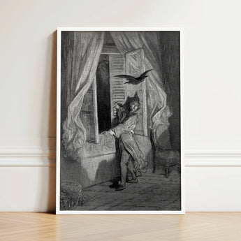 The Raven - Gustave Dore Art Print / Canvas Black-and-white Framed Artwork Dramatic Scene Figure Crow, Doré’s Engraving Prints