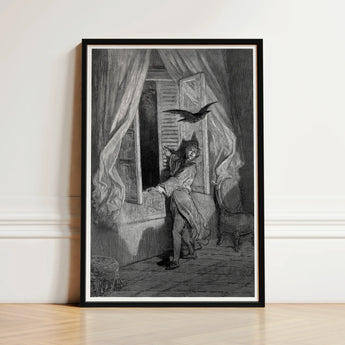 The Raven - Gustave Dore Art Print / Canvas Black-framed Charcoal Illustration Man Period Attire Open, Doré’s Engraving Prints
