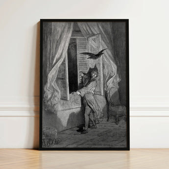 The Raven - Gustave Dore Art Print / Canvas Black-framed Monochrome Artwork Figure Period Attire Open Window, Doré’s Engraving Prints