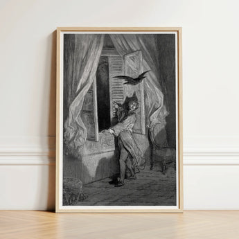The Raven - Gustave Dore Art Print / Canvas Framed Black-and-white Illustration Light Wood Frame Figure Open, Doré’s Engraving Prints