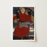 The Shaman - Sascha Schneider Art Print / Canvas Framed Figure Vibrant Red Robe Gold Aureate Flames Sculpting, Embroidered Apron Shimmers,