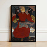 The Shaman - Sascha Schneider Art Print / Canvas Framed Artwork Figure Vibrant Red Robe Gold Accents Aureate Flames Sculpting, Embroidered