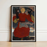 The Shaman - Sascha Schneider Art Print / Canvas Framed Artwork Figure Vibrant Red Robe Gold Accents Aureate Flames Sculpting, Embroidered