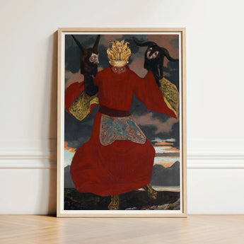 The Shaman - Sascha Schneider Art Print / Canvas Framed Painting Figure Vibrant Red Robe Gold Accents Aureate Flames Sculpting, Embroidered