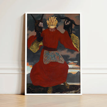 The Shaman - Sascha Schneider Art Print / Canvas Framed Painting Figure Vibrant Red Robes Gold Accents Aureate Flames Sculpting,