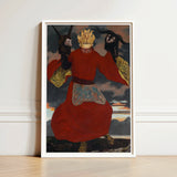 The Shaman - Sascha Schneider Art Print / Canvas Framed Artwork Figure Vibrant Red Robe Gold Accents Aureate Flames Sculpting, Embroidered