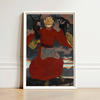 The Shaman - Sascha Schneider Art Print / Canvas Framed Artwork Figure Vibrant Red Robe Gold Accents Aureate Flames Sculpting, Embroidered