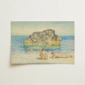 Watercolor Painting Two Figures Beach Textured Rock Formation Boyhood’s Transitory Reverie, Tuke’s Brush Unfurls, Sea’s Aquamarine Shimmer