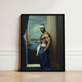 Framed Portrait Muscular Man Blue Trousers White Headband Gay Sea Captain, Black, Art Print