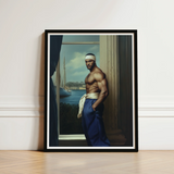 Framed Portrait Muscular Man Blue Trousers White Headband Gay Sea Captain, Black, Art Print
