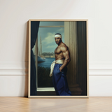 Framed Portrait Muscular Man Blue Trousers White Headband Gay Sea Captain, Black, Art Print