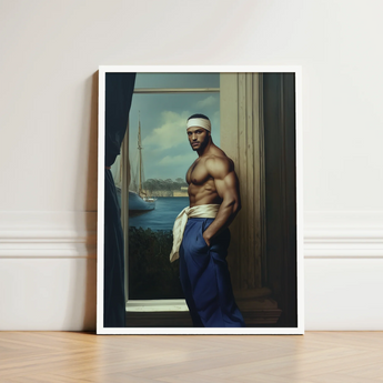 Framed Portrait Muscular Man Blue Trousers White Headband Gay Sea Captain, Black, Art Print