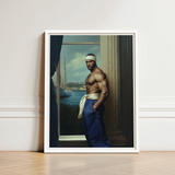 Framed Portrait Muscular Man Blue Trousers White Headband Gay Sea Captain, Black, Art Print