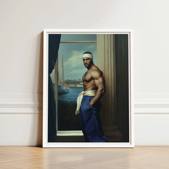 Framed Portrait Muscular Man Blue Trousers White Headband Gay Sea Captain, Black, Art Print