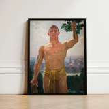 The Victor - Osmar Schindler Art Print / Canvas Framed Painting Muscular Shirtless Man Short Brown Hair, Positions, High Ground, Panoramic