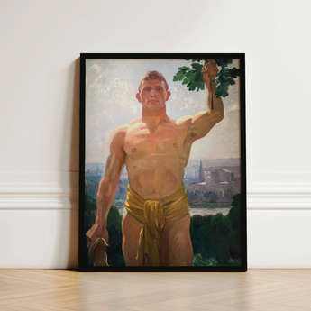 The Victor - Osmar Schindler Art Print / Canvas Framed Painting Muscular Shirtless Man Short Brown Hair, Positions, High Ground, Panoramic