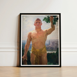 The Victor - Osmar Schindler Art Print / Canvas Framed Portrait Muscular Man Golden Loincloth Green Leaves, Positions, High Ground,