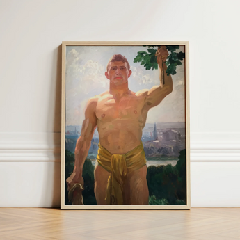 The Victor - Osmar Schindler Art Print / Canvas Framed Oil Painting Muscular Shirtless Man Golden Loincloth, Positions, High Ground,