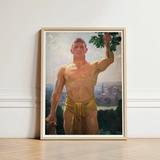 The Victor - Osmar Schindler Art Print / Canvas Framed Painting Muscular Man Golden Loincloth Green Leaves, Positions, High Ground,