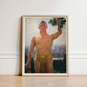 The Victor - Osmar Schindler Art Print / Canvas Framed Painting Muscular Man Golden Loincloth Green Leaves, Positions, High Ground,