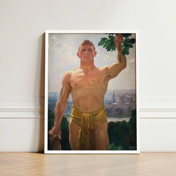 The Victor - Osmar Schindler Art Print / Canvas Framed Painting Muscular Man Golden Loincloth Green Leaves, Positions, High Ground,