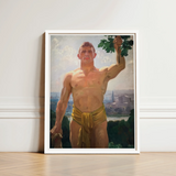 The Victor - Osmar Schindler Art Print / Canvas Framed Painting Muscular Shirtless Man Golden Loincloth Green, Positions, High Ground,