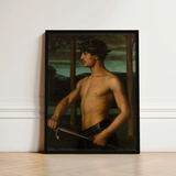 Framed Classical Oil Painting Muscular Bare-chested Man Dark Panel Holds, Young Beneath, Laurel Leaf Crown, Ottilie w Roederstein, Art
