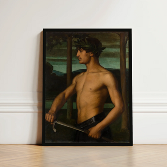 Framed Classical Oil Painting Muscular Bare-chested Man Dark Panel Holds, Young Beneath, Laurel Leaf Crown, Ottilie w Roederstein, Art