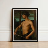 Black-framed Art Print Muscular Shirtless Man Laurel Wreath Oil Panel Holds, Young Beneath, Leaf Crown, Ottilie w Roederstein, Housed