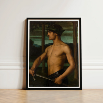 Black-framed Art Print Muscular Shirtless Man Laurel Wreath Oil Panel Holds, Young Beneath, Leaf Crown, Ottilie w Roederstein, Housed