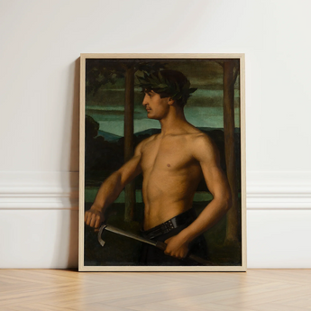 Framed Classical Oil Painting Muscular Bare-chested Man Laurel Panel Holds, Young Beneath, Leaf Crown, Ottilie w Roederstein, Art Print,