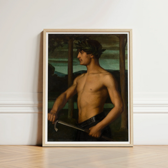 Framed Classical Painting Muscular Bare-chested Man Dark Hair Oil Panel Holds, Young Beneath, Laurel Leaf Crown, Ottilie w Roederstein, Art