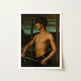 Framed Print Classical-style Painting Muscular Bare-chested Man Dark Oil Panel Holds, Young Beneath, Laurel Leaf Crown, Ottilie w