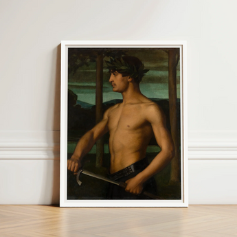 Framed Classical Painting Muscular Bare-chested Man Laurel Wreath Oil Panel Holds, Young Beneath, Leaf Crown, Ottilie w Roederstein, Art