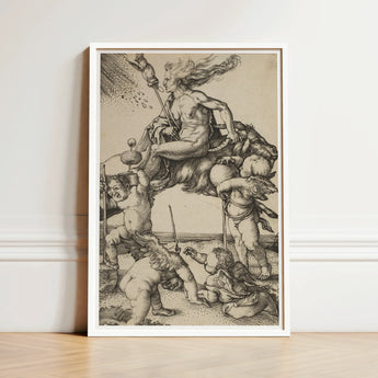 Framed Black-and-white Mythological Scene Central Figure Bull Surrounded Albrecht Durer Art, Print, Crone Vaults