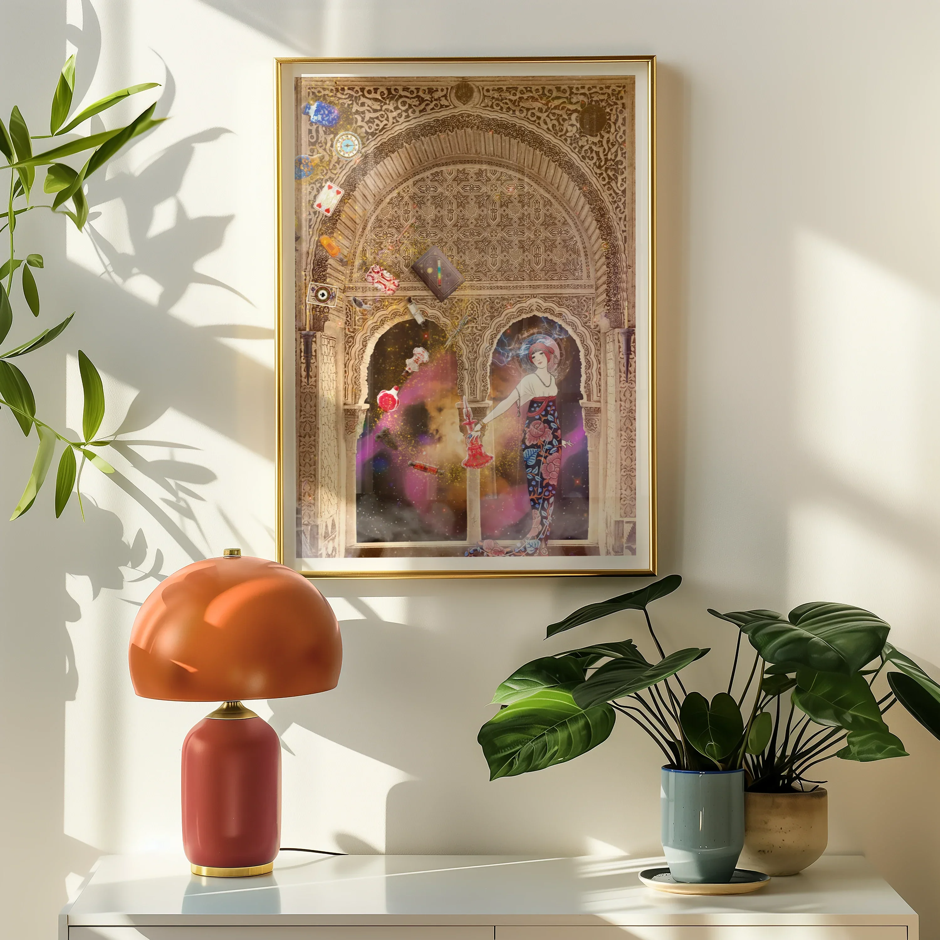 Thea the Space Nymph - Surreal Cosmic Myth Art Print, Framed Artwork Ornate Archway Colorful Figures Inside