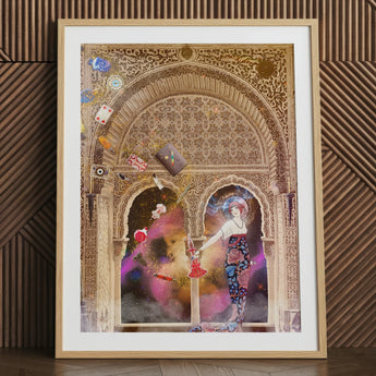 Thea the Space Nymph - Surreal Cosmic Myth Art Print Framed Artwork Ornate Archway Intricate Gold Central Figure Cosmic Enchantress