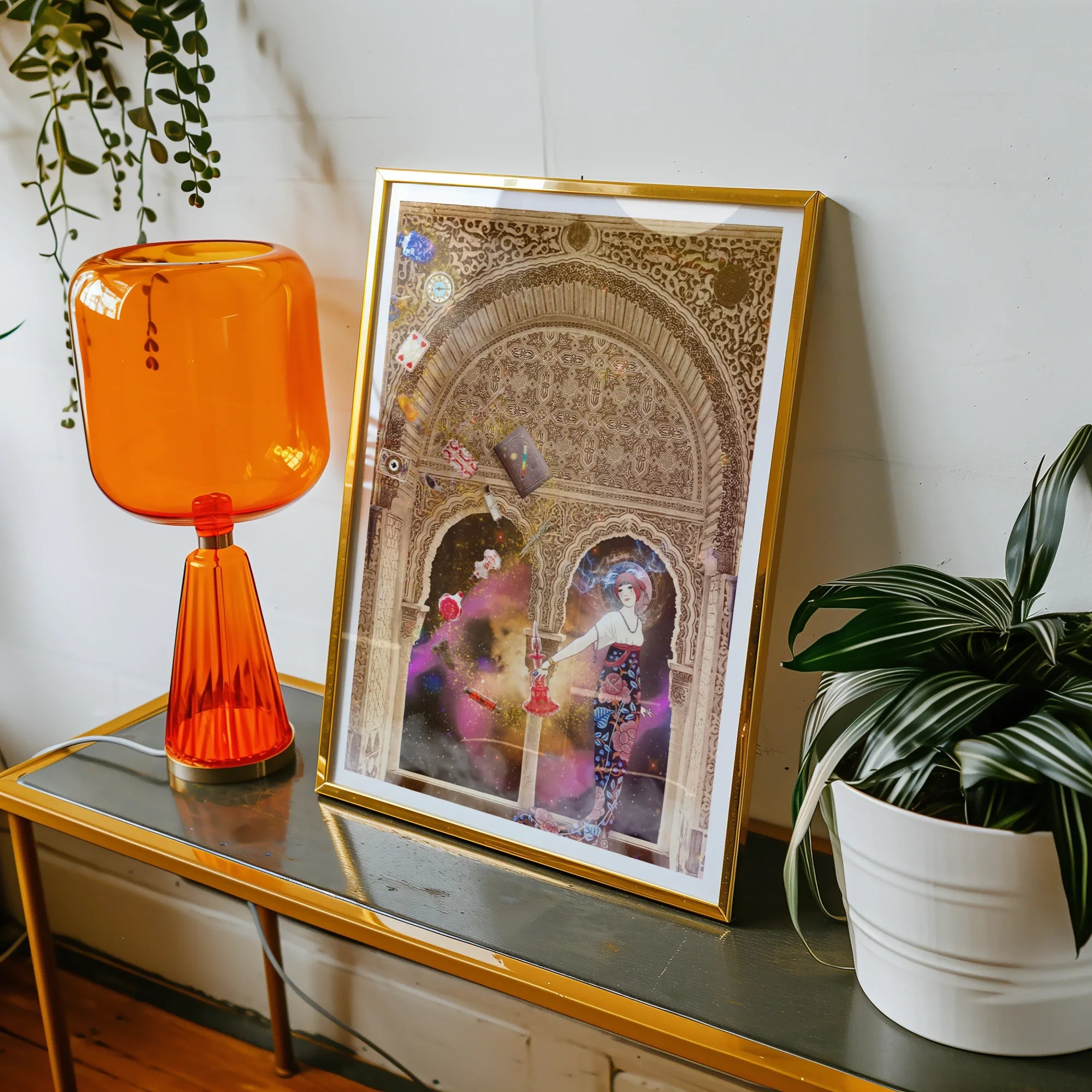 Thea the Space Nymph - Surreal Cosmic Myth Art Print, Framed Artwork Ornate Middle Eastern Architecture Colorful Figures