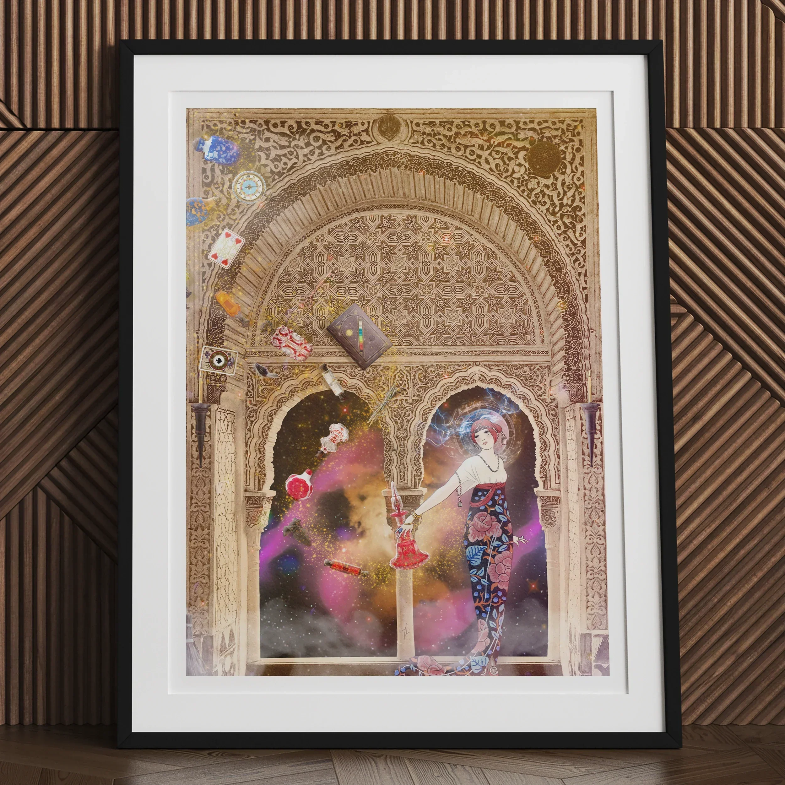 Thea the Space Nymph Surreal Cosmic Myth Art Print, Framed Artwork Ornate Moorish Style Archway Colorful Abstract Figures