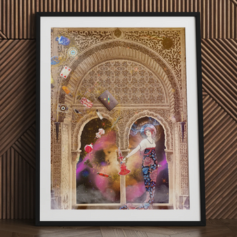 Thea the Space Nymph - Surreal Cosmic Myth Art Print Framed Art Print Ornate Golden-hued Archway Intricate Patterns Cosmic Enchantress