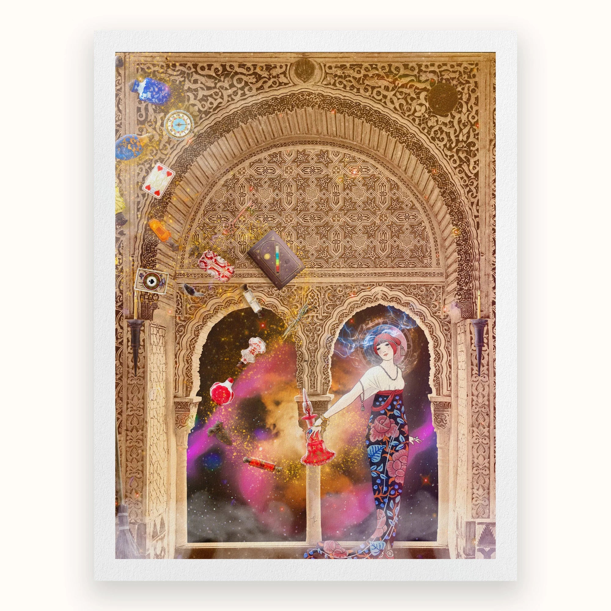 Thea the Space Nymph - Surreal Cosmic Myth Art Print, Ornate Archway Intricate Islamic-style Carvings Framing Colorful Surreal