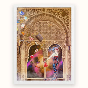 Thea the Space Nymph - Surreal Cosmic Myth Art Print Ornate Archway Intricate Islamic-style Carvings Framing Colorful Surreal Cosmic